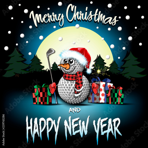 Snowman from golf balls with putter and sparklers