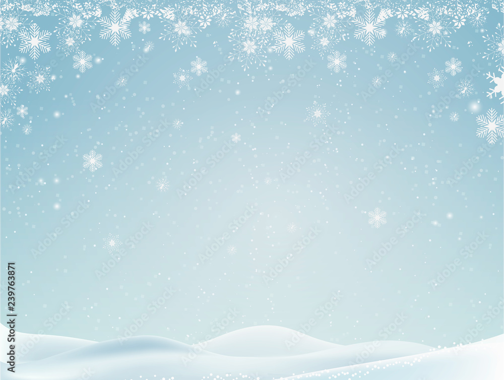Winter landscape with falling christmas shining beautiful snow. Natural Winter Christmas background with sky, heavy snowfall