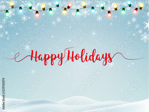 Holiday winter landscape. Christmas, Snowy background with light garlands, falling snow, snowflakes, snowdrift for winter and new year holidays Vector.