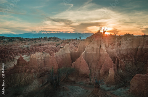 Sunset view of famous canyon of clay formations and cactus in the red Tatacoa desert, a semi arid dry tropical forest, near Neiva, Colombia.