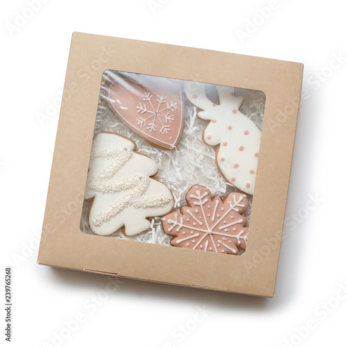 Christmas gingerbread cookies in a box isolated on white background