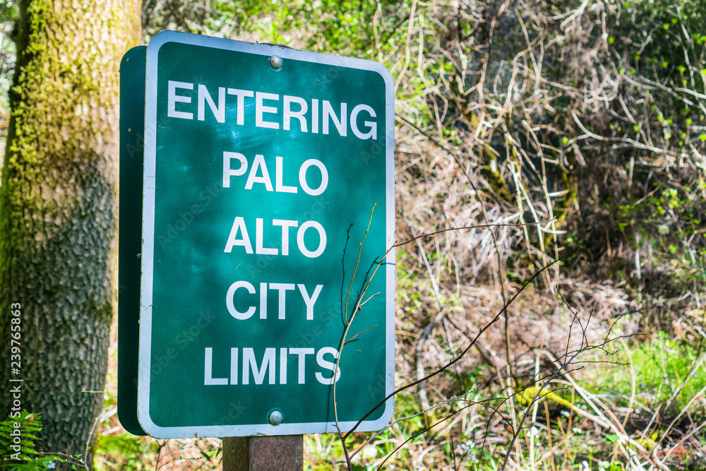 Entering Palo Alto City Limits sign posted on one of the trails, San Francisco bay area, California