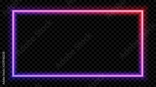 Square Purple and red neon light on a transparent background. Neon frame for your design. Vector illustration.