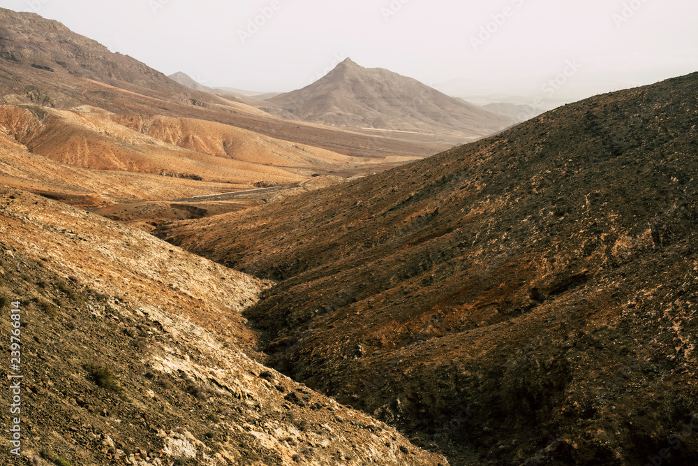Obraz premium Wild landscape inside fuerteventura island with high desertic mountains from vulcans - holiday alternative rural scemnic place to enjoy the wildness of the world and the spirit of adventure