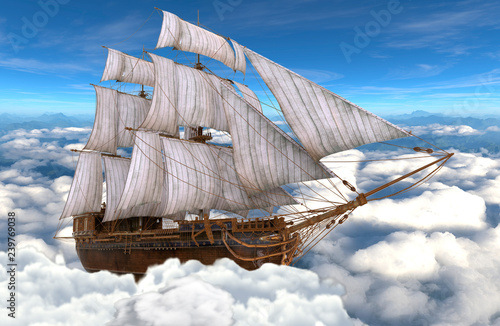 Sailboat flying above the clouds 3d illustration