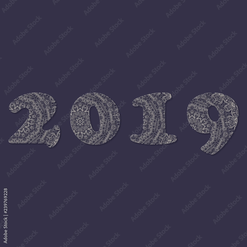 Handwritten number 2019 patterned with zen-tangle shapes for decorate calendar Handwritten number 2019 patterned with zen-tangle shapes for decorate calendar