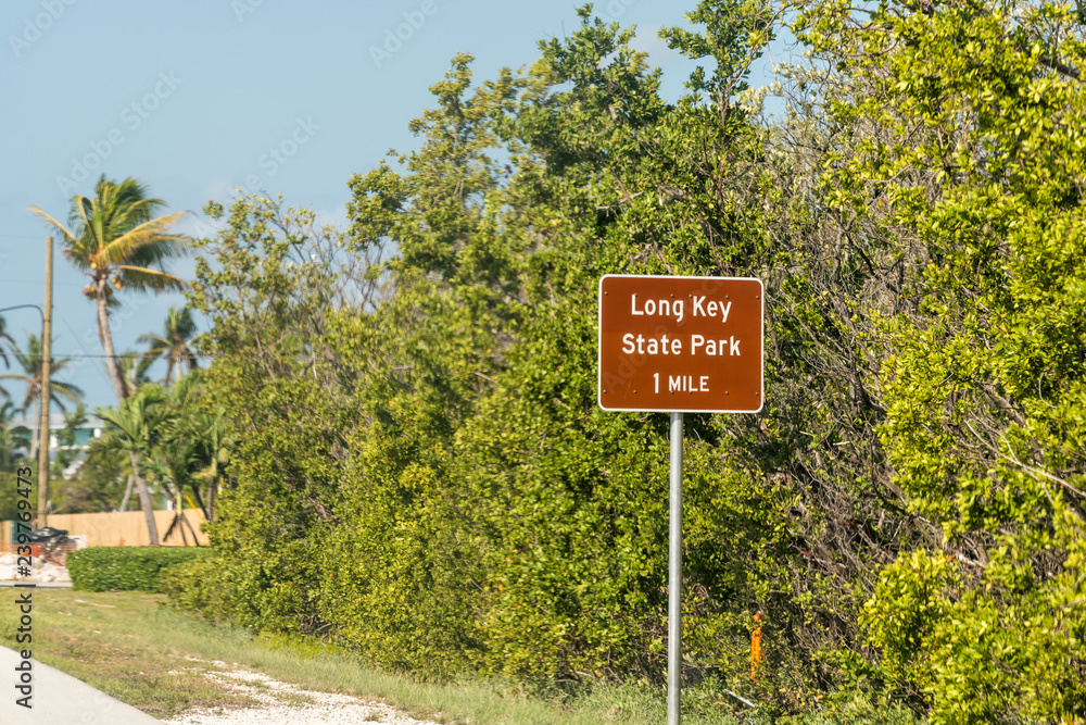 Long Key, USA Sign for Florida keys state park at overseas highway road, street, traffic signs