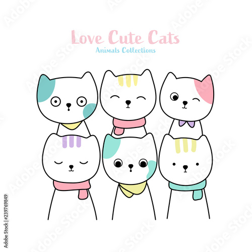 Cute cats animal hand drawn style