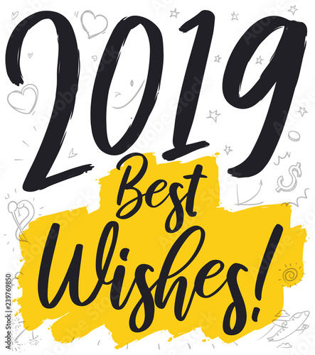 Greeting Sign for Year 2019 Celebration Decorated with Doodles, Vector Illustration
