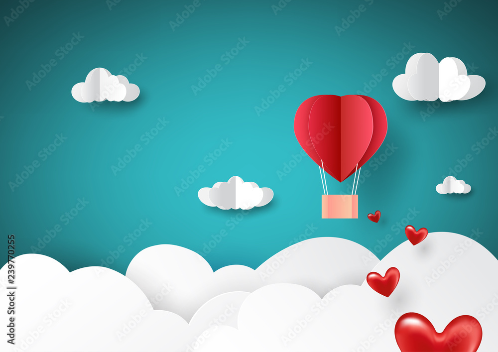 Paper art style of love concept greeting card with red hot air balloon flying on sky.Vector illustration.