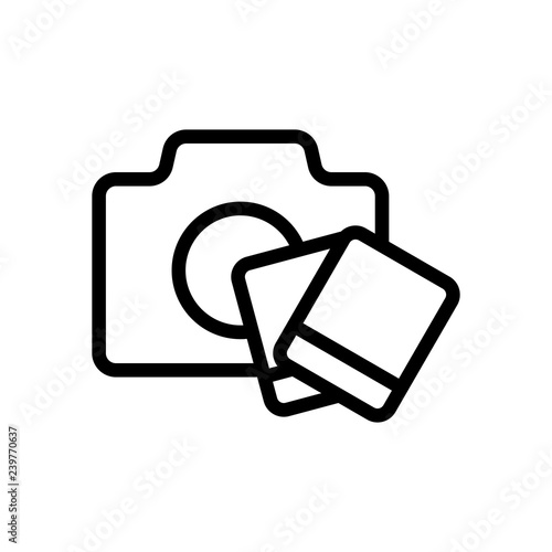 Camera with polaroid photo cards, outline linear icon. Black ico