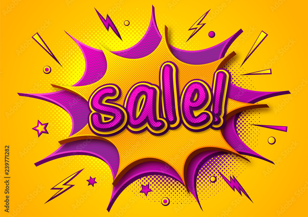 Comic sale poster: speech bubbles, burst, text and sound effect. Colorful funny banner in comics book and pop art style. Yellow-purple cartoon illustration with halftone effect Comic sale poster: speech bubbles, burst, text and sound effect. Colorful funny banner in comics book and pop art style. Yellow-purple cartoon illustration with halftone effect
