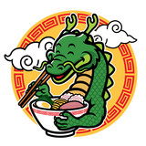cartoon dragon mascot eat ramen