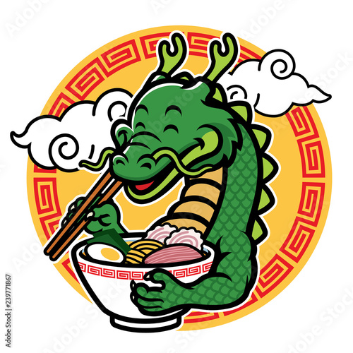 Photo cartoon dragon mascot eat ramen