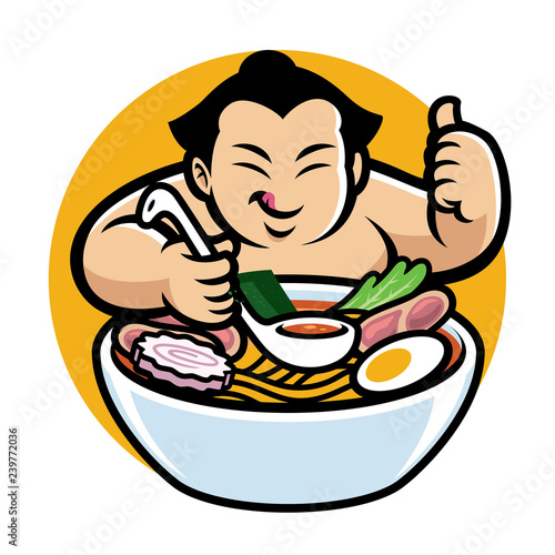 sumo with cartoon style eating ramen