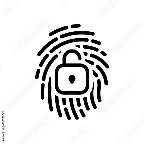 Fingerprint with open lock, personal protect, secutiry icon. Bla