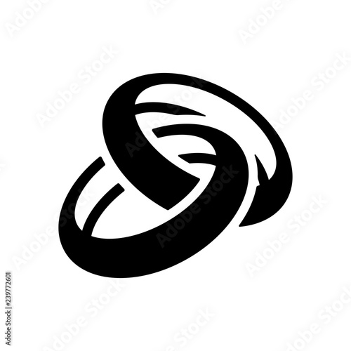 Wedding rings, pair crossed and linked circles, simple icon. Black icon on white background