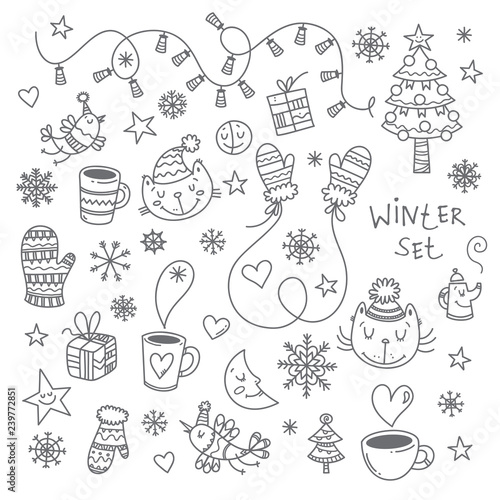 Winter doodle set with cute cartoon cats, birds and snowflakes on white  background. Snowy weather. Funny kittens. Animals  in clothes. Vector image. Children's illustration.