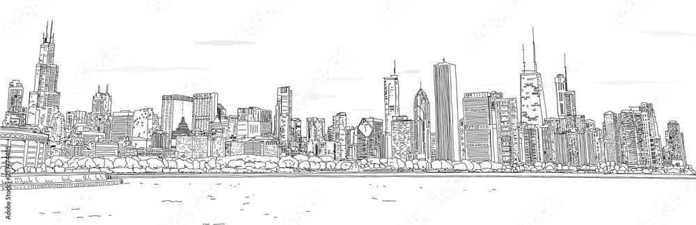 Naklejka premium Ręcznie rysowane ilustracji wektorowych. Panorama panoramę Chicago. Szczegółowy wygląd atramentu. Czarny i biały.