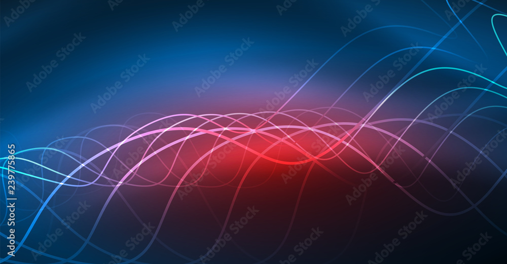Obraz premium Glowing abstract wave on dark, shiny motion, Christmas and New Year magic space light. Techno abstract background