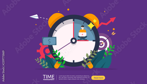 time management and procrastination concept. planning and strategy for business solutions with clock, calendar and tiny people character for presentation, social and print media. Vector illustration