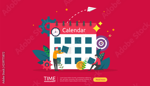 time management and procrastination concept. planning and strategy for business solutions with clock, calendar and tiny people character for presentation, social and print media. Vector illustration