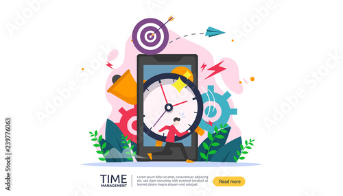 time management and procrastination concept. planning and strategy for business solutions with clock, calendar and tiny people character for presentation, social and print media. Vector illustration