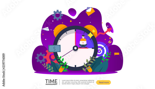 time management and procrastination concept. planning and strategy for business solutions with clock  calendar and tiny people character for presentation  social and print media. Vector illustration