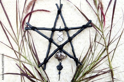 Black Branch Pentagram symbol for Witchcraft, Wicca, Paganism with selenite, smoky quartz and snowflake obsidian