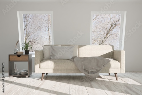 White room with sofa and winter landscape in window. Scandinavian interior design. 3D illustration