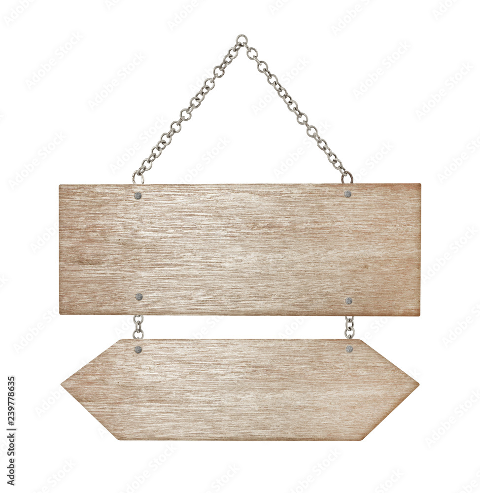 empty wooden sign with chain for hang on white background empty wooden sign with chain for hang on white background