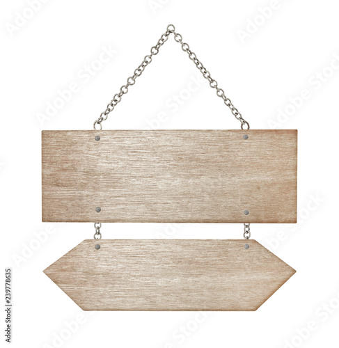 empty wooden sign with chain for hang on white background