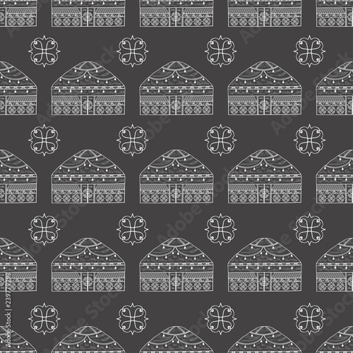 Yurt. Housing. Patterns. Wallpaper, seamless. White drawing on a gray background.
