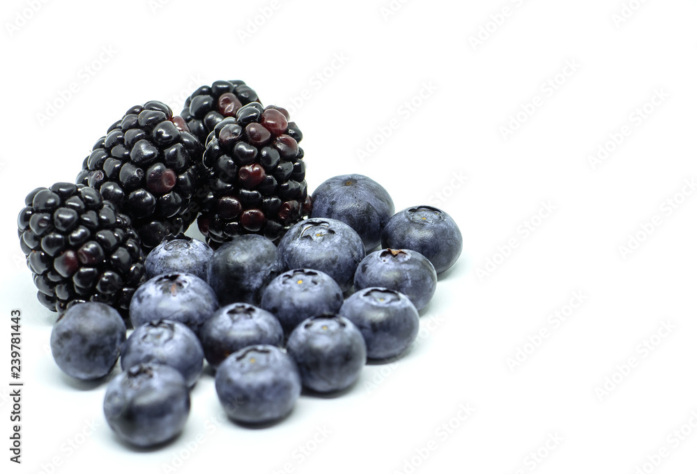 Four berries major fresh blackberries and fifteen berries blueberries on white background Four berries major fresh blackberries and fifteen berries blueberries on white background