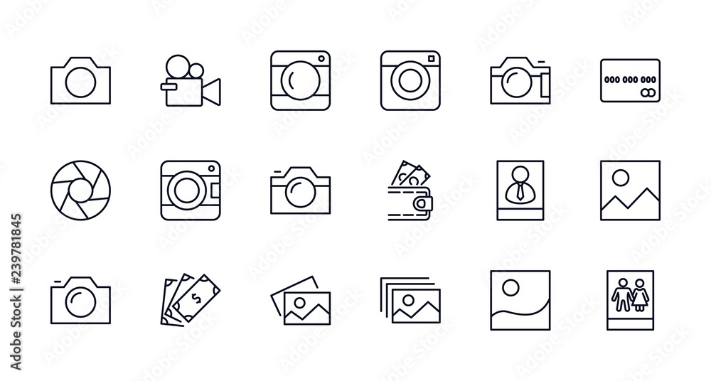 Set of cameras and photo, vector line icons. Contains symbols of portraits and family photos and much more. Editable move. 32x32 pixels. Set of cameras and photo, vector line icons. Contains symbols of portraits and family photos and much more. Editable move. 32x32 pixels.