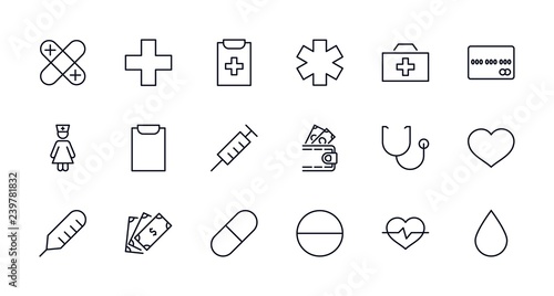 Set of medicine vector line icons. It contains the first aid kit, nurse, syringe, thermometer, plastic, pills, heart, drop of blood, palpitation and much more. Editable move. 32x32 pixels.