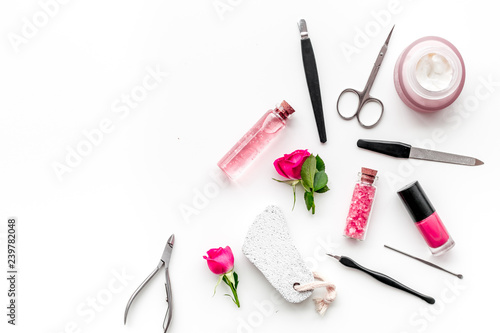 manicure and pedicure equipment for nail bar set on white background top view mockup