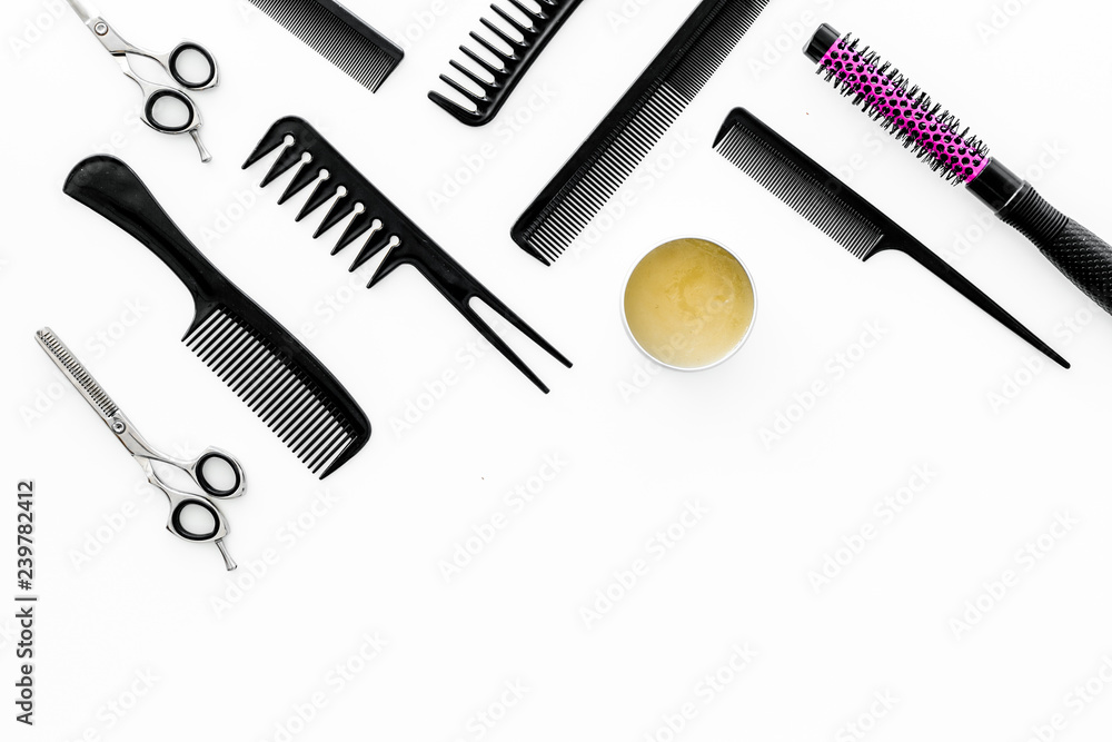 female hairdresser desk with accessories and combs on white background top view mockup female hairdresser desk with accessories and combs on white background top view mockup