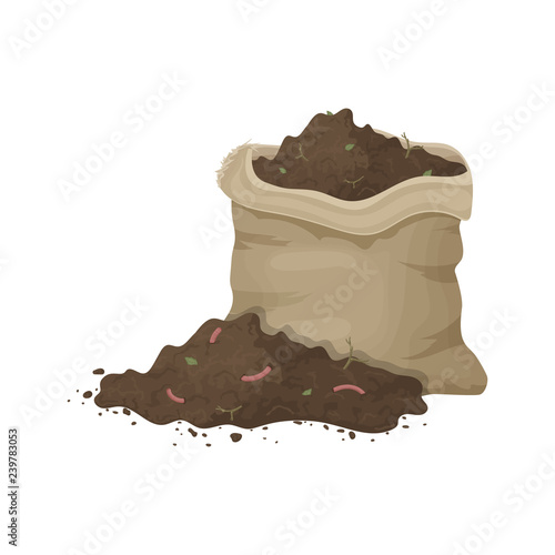 Heap of ground with worms and canvas bag for illustration of soil, organic fertilizer, compost, agriculture. Zero waste theme.  Colored flat icon, cartoon vector design