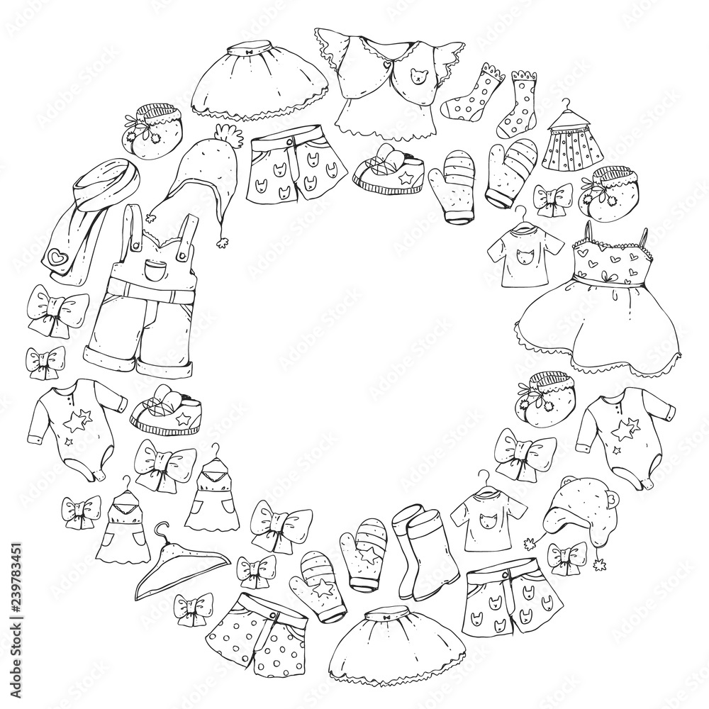Fototapeta premium Children clothing and fashion. Dress, skirt, shorts. scarf, trousers for boys and girls. Kids fashion. Summer, winter, spring, autumn sale. Elements for coloring pages.