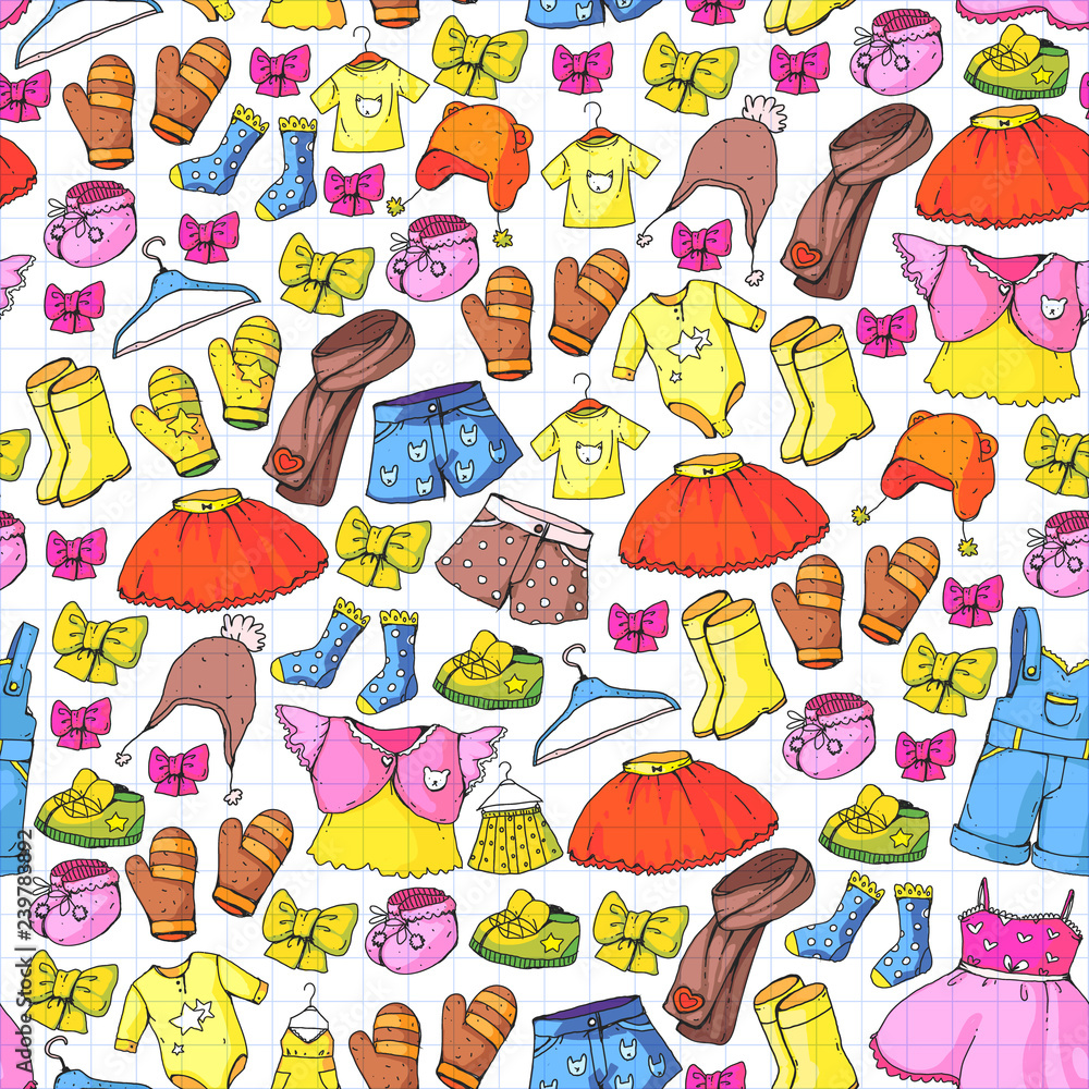 Naklejka premium Children clothing and fashion. Dress, skirt, shorts. scarf, trousers for boys and girls. Kids fashion. Summer, winter, spring, autumn sale. Seamless pattern.