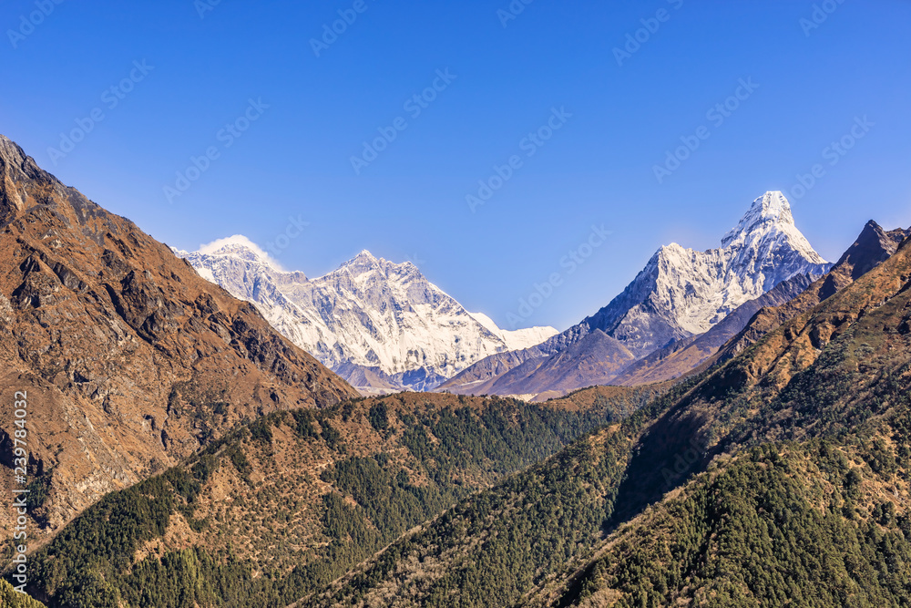 Panoramic view of Mt. Everest, Lhotse, Nuptse and Ama Dablam from Tengboche, Nepal