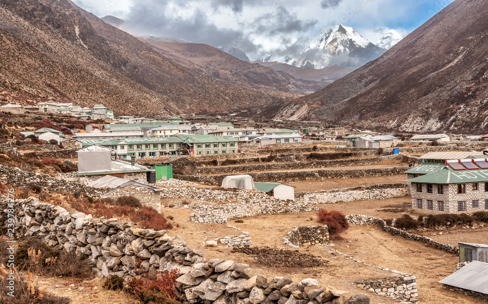 Panoramic view at the Dingboche settlement on the trek route to Everest base Camp in Nepal.