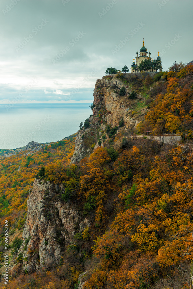 Autumn landscape, view of Foros church in Crimea against the background of the Black Sea, Russia. Temple of the Resurrection of Christ.