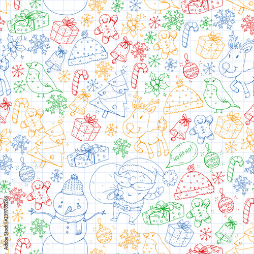 Winter Christmas seamless vector pattern. Icons of Santa, snowman, deer, bell, Christmas tree.