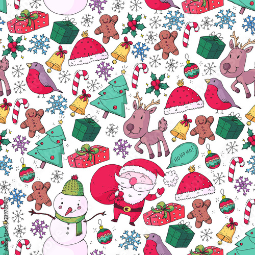 Winter Christmas seamless vector pattern. Icons of Santa, snowman, deer, bell, Christmas tree.