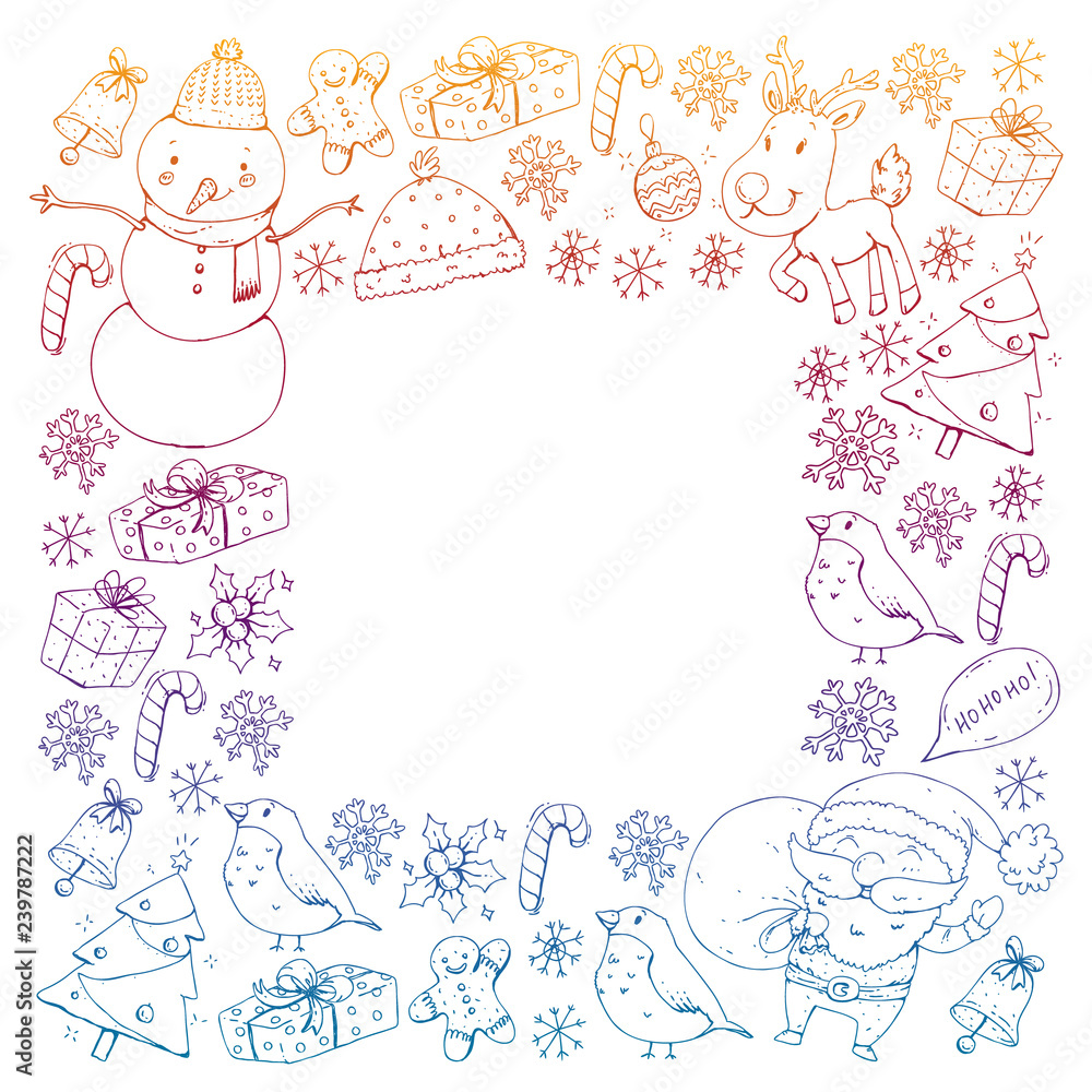 Winter Christmas vector pattern. Icons of Santa, snowman, deer, bell, Christmas tree. Merry Christmas Happy new year