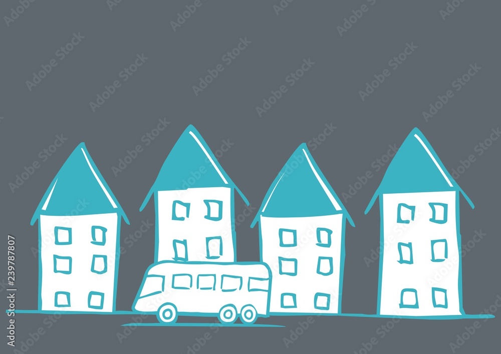 bus at city, vector icon, blue and white sketch bus at city, vector icon, blue and white sketch