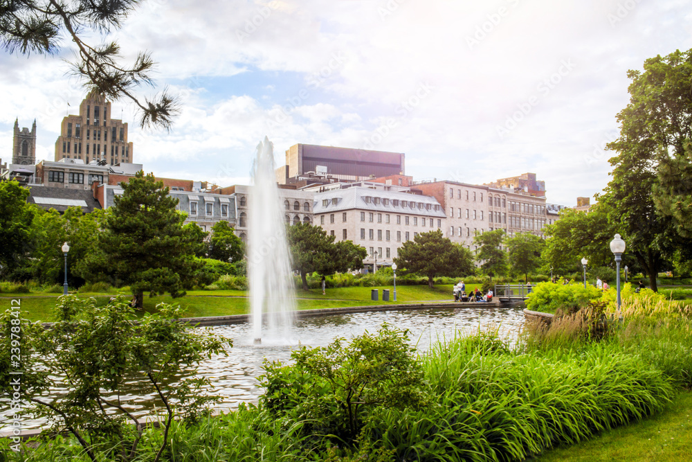 Park with fontaine in historical Old Montreal