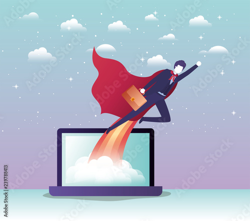 businessman with hero coat flying in laptop